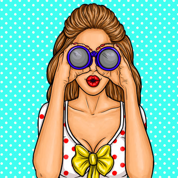 Vector pop art illustration of a young sexy girl watching with binoculars for discounts.