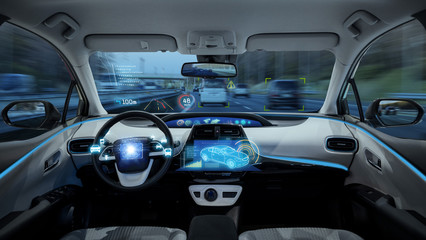 empty cockpit of vehicle, HUD(Head Up Display) and digital speedometer, autonomous car, diriverless...