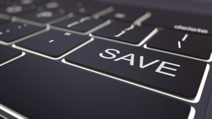 Modern black computer keyboard and luminous save key. 3D rendering