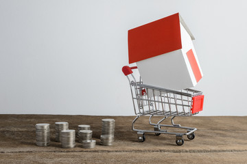 House model in shopping cart and row of coin money