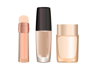 Three realistic transparent bottles for foundation cream.