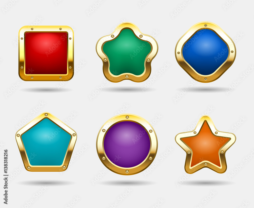 Poster golden game buttons isolated on white background. vector candy button frames in shapes of square, ci