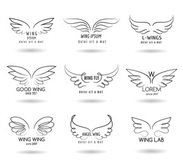 Hand drawn wings logo set. Vector doodle winged icons