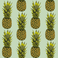 Seamless pattern, pineapple on a green background. Vector illustration.