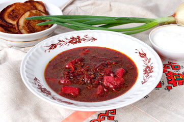 Ukrainian soup made from beets and green onions for lunch