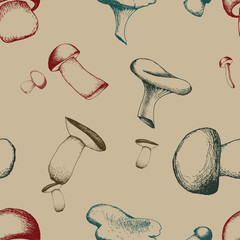 Hand drawn seamless pattern with mushrooms.