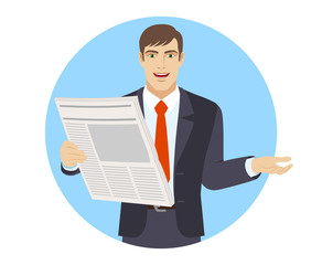 Businessman with newspaper gesturing