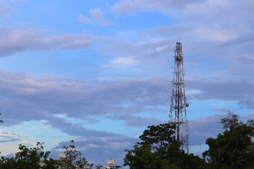 Telecommunication tower with antennas communication, telecom radio telephone mobile phone in...