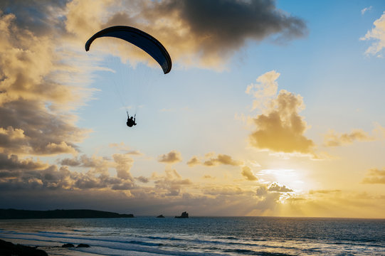 Silhouette of person flying on the parachute over the sea in sunset lights.