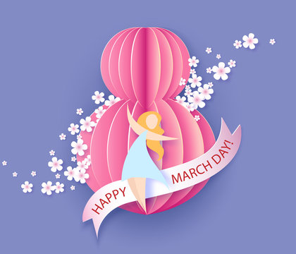 Card for 8 March women's day. Abstract background with text and flowers .Vector illustration. Paper cut and craft style.