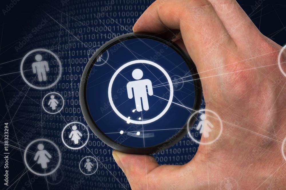 Aufkleber big brother or social network privacy concept. hacker is spying and stealing personal data from user