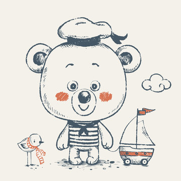 Cute baby bear sailor with a toy ship cartoon hand drawn vector illustration. Can be used for baby t-shirt print, fashion print design, kids wear, baby shower celebration greeting and invitation card.
