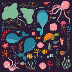Collection of colorful sea and ocean animals, whale, octopus, stingray