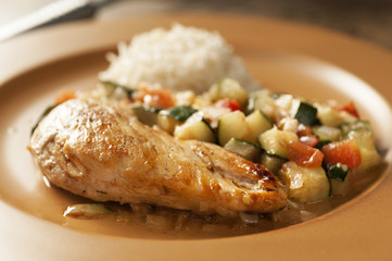 chicken breast with curry and rice with vegetables as made in Cappadocia