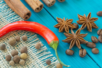 red pepper, coffee beans, and star anise
