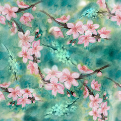 Branches of a blossoming tree.Watercolor. Wallpaper. Seamless pattern.  Use printed materials, signs, posters, postcards, packaging.