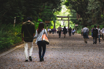 A couple holding hands walking together in a park
