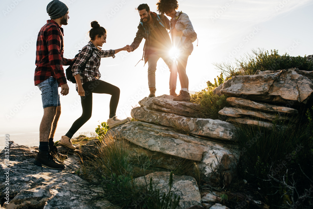 Wall mural group of friends hiking in mountain