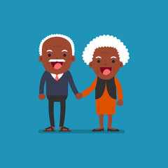 African american people - Retired elderly senior age couple in creative flat vector character design | Grandpa and grandma standing full length smiling