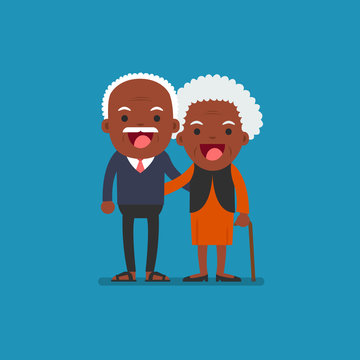 African american people - Retired elderly senior age couple in creative flat vector character design | Grandpa and grandma standing full length smiling