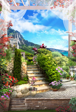 Digital photo manipulation - Beautiful white arch, flowers and stairs.