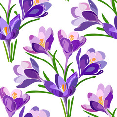 Seamless spring pattern with floral bouquet of crocus, saffron.