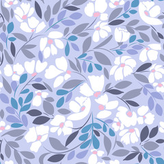 Seamless floral print in gray blue, pink and white shades, abstract floral pattern.
