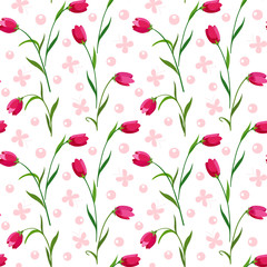 Seamless pattern with spring flowers tulips and butterflies.
