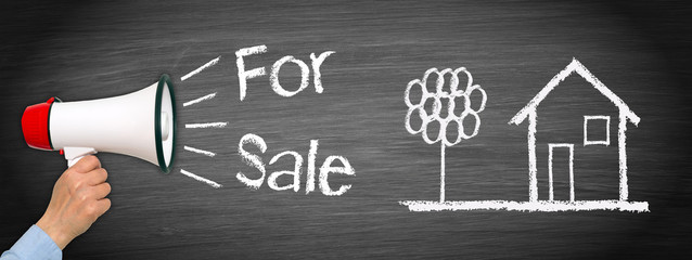 House or Home for Sale - Real Estate concept chalkboard with megaphone and sketch