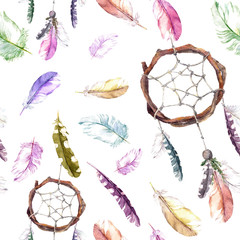 Feathers, dream catcher. Seamless pattern for fashion design. Watercolor