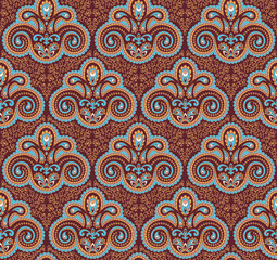 Vintage paisley seamless pattern. Ethnic ornament. Stylized decorative tribal painting. Traditional Indian, Turkey, oriental handcraft. Seamless texture in brown and light blue colors. Vector