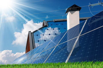 House roof with a solar panels on a blue sky with clouds and sun rays