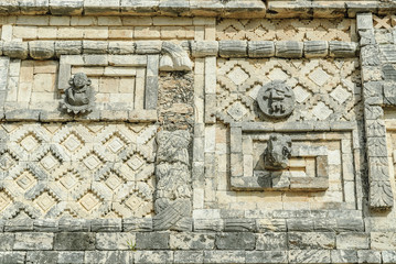 
Mayan reliefs in the quadrangle of the nuns in the archaeological Uxmal enclosure in Yucatan,...