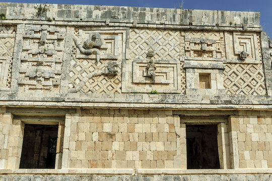 reliefs of the Mayan god kukulkan in the quadrangle of the nuns in the archaeological Uxmal enclosure in Yucatan, Mexico.