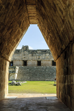 entry to a building in the quadrangle of the nuns in the Mayan archaeological enclosure of Uxmal in Yucatan, Mexico