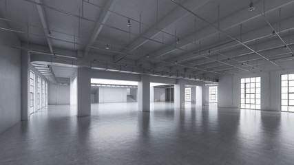 Empty factory interior. 3d render, 3d illustration.