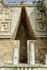angular arch of the palace of the governor in the archaeological Uxmal enclosure in yucatan, Mexico