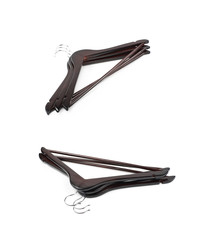 Pile of dark wooden hangers