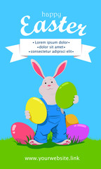 Obraz na płótnie Canvas Vertical web banner with funny cartoon Easter bunny and colorful eggs. Vector illustration