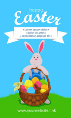 Vertical web banner with funny cartoon Easter bunny and colorful eggs. Vector illustration