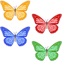 set of colorful textured butterflies on white background. isolated. vector illustration.