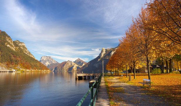 View of a bank of Ebensee lake with a maple alley in autumnal time, Austria