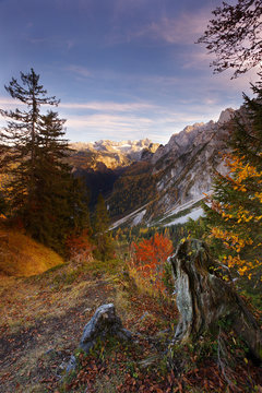 Gosau in autumn with Dachstein mountain on background, Austria