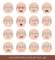 Set of senior male facial emotions. White senior man emoji character with different expressions. Vector illustration in cartoon style.