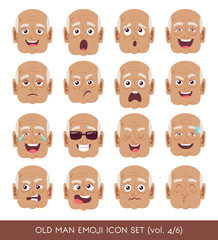 Set of senior male facial emotions. Black senior man emoji character with different expressions. Vector illustration in cartoon style.