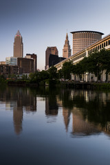 Fototapeta na wymiar Cleveland, Ohio Skyline and Cuyahoga River at Sunset