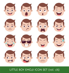 Set of kid facial emotions. White boy emoji character with different expressions. Vector illustration in cartoon style.