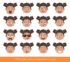 Set of kid facial emotions. Black girl emoji character with different expressions. Vector illustration in cartoon style.