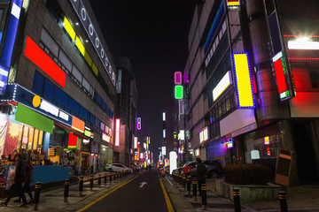 The buildings and shopping centers with multi-colored signboards in the night city.