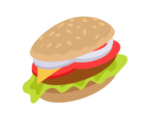 Hamburger Icon in flat. Burger with Meat, Cheese